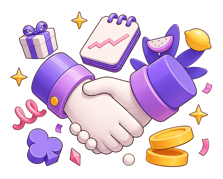 Partnership handshake surrounded by business and gaming symbols