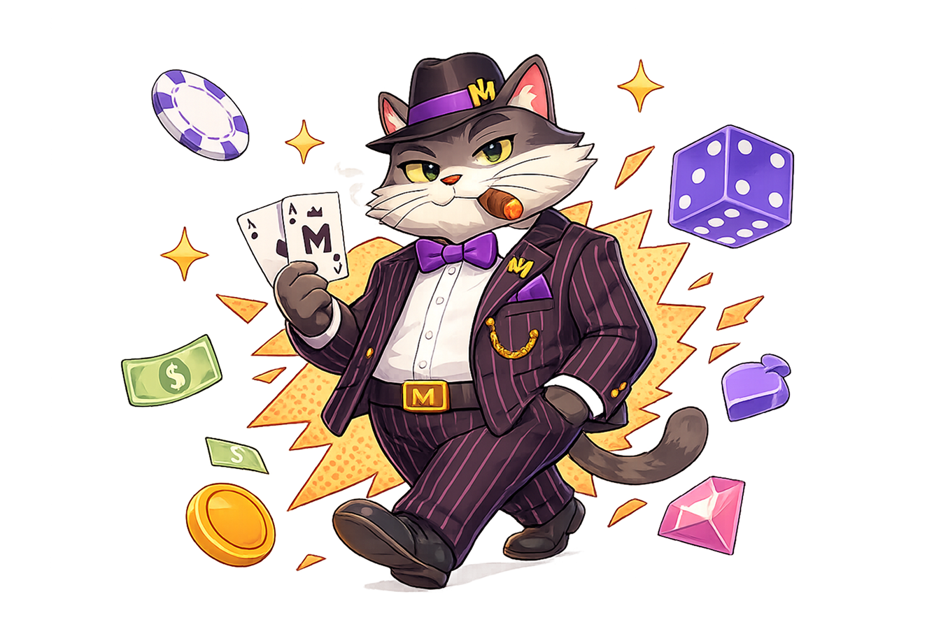PlantRogueRoot casino cat with cards, chips and dice